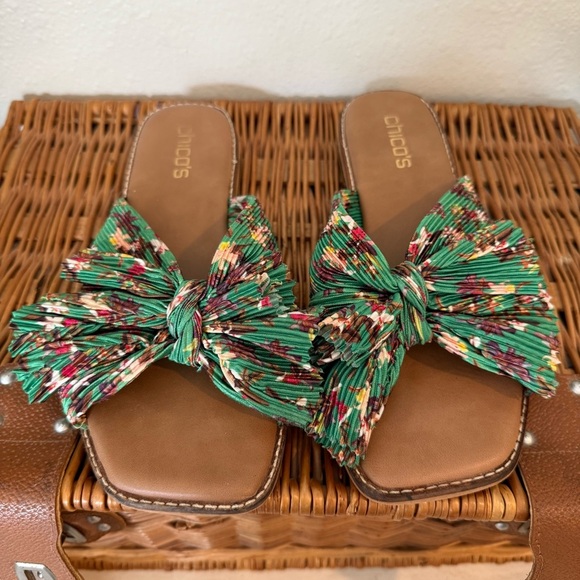Chico’s Knotted Now Sandals Women’s Size 8 Green Floral Summer Beach Resortwear - Picture 1 of 4